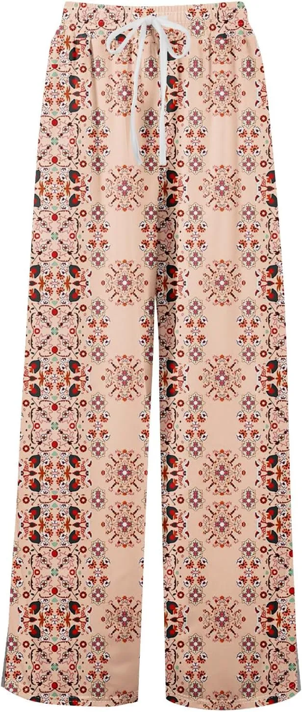 Womens Pants Wide Leg High Waistd Beach 2025 Pants Side Split Drawstring Elastic Waist Floral Print Pockets Trousers