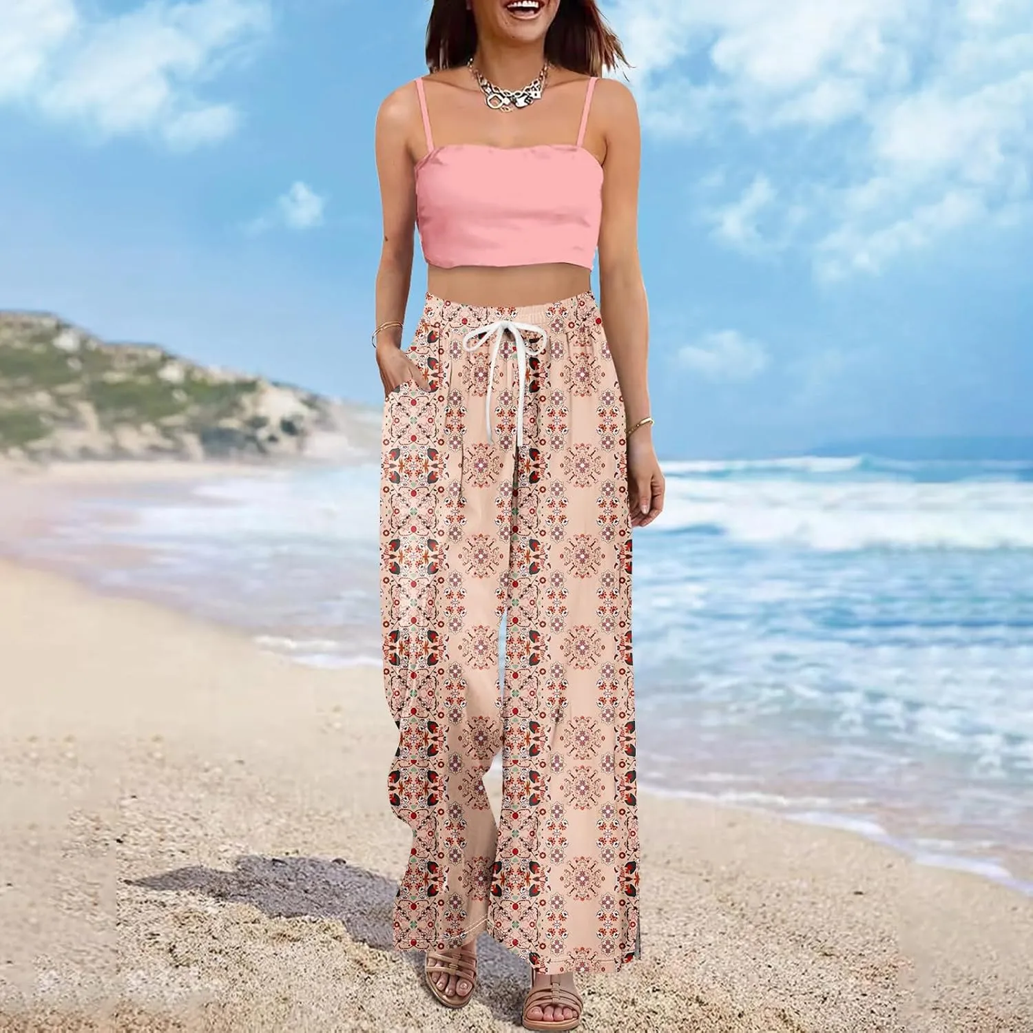 Womens Pants Wide Leg High Waistd Beach 2025 Pants Side Split Drawstring Elastic Waist Floral Print Pockets Trousers