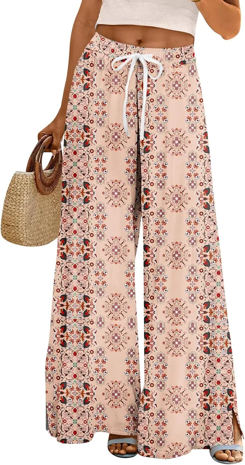 Womens Pants Wide Leg High Waistd Beach 2025 Pants Side Split Drawstring Elastic Waist Floral Print Pockets Trousers