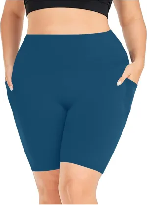 Womens Plus Size Yoga Short Leggings Solid Color High Rise Skinny Stretch Soft Sporting Fitness Shorts with Pockets