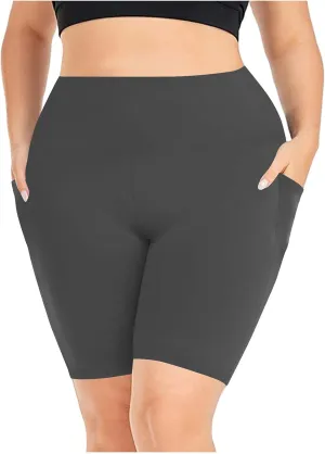 Womens Plus Size Yoga Short Leggings Solid Color High Rise Skinny Stretch Soft Sporting Fitness Shorts with Pockets