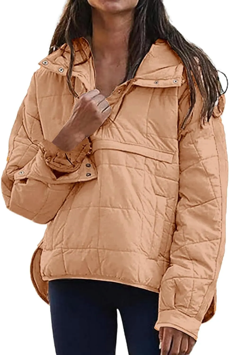Women's Quilted Pullover Puffer Jacket Oversized Long Hooded Coats Winter Warm Lightweight Outwear with Pocket