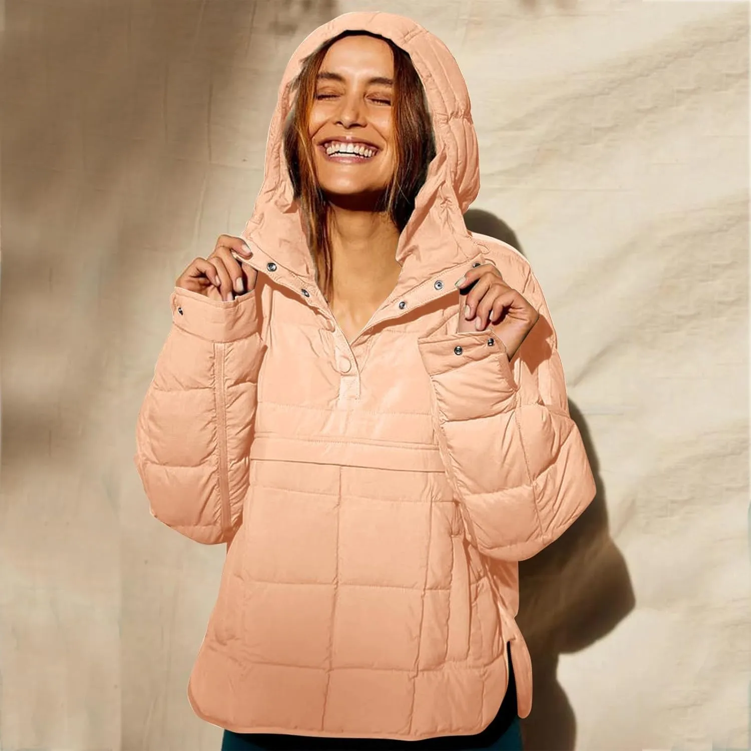 Women's Quilted Pullover Puffer Jacket Oversized Long Hooded Coats Winter Warm Lightweight Outwear with Pocket