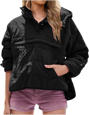 Women's Quilted Pullover Puffer Jackets Lightweight Button Outwear Winter Warm Oversized Packable Hooded Coat Tops