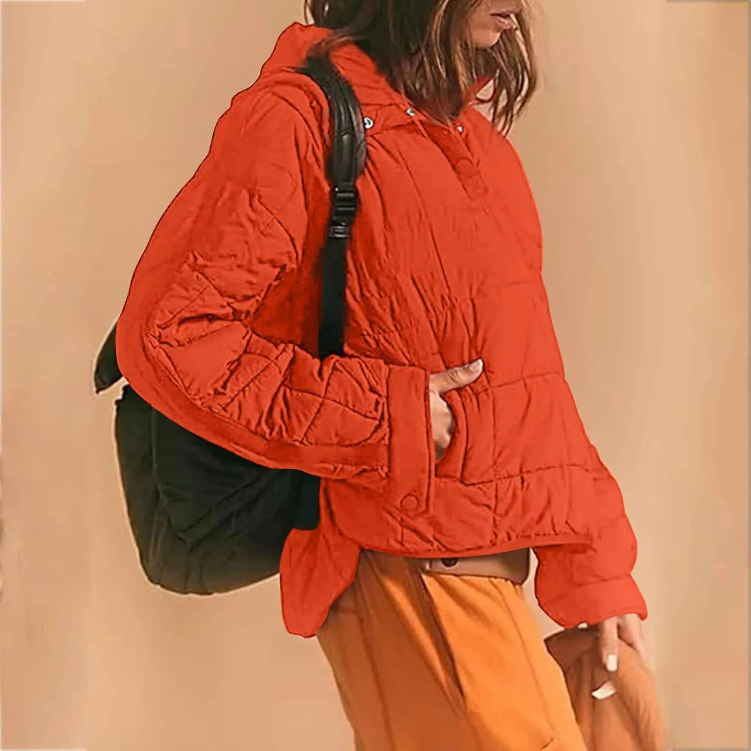 Women's Quilted Pullover Puffer Jackets Lightweight Button Outwear Winter Warm Oversized Packable Hooded Coat Tops
