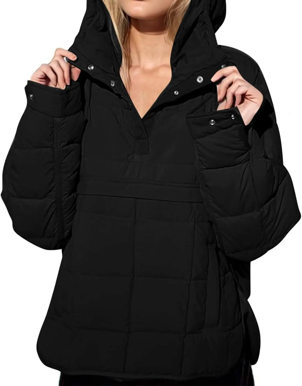 Women's Quilted Pullover Puffer Jackets Lightweight Button Outwear Winter Warm Oversized Packable Hooded Coat Tops