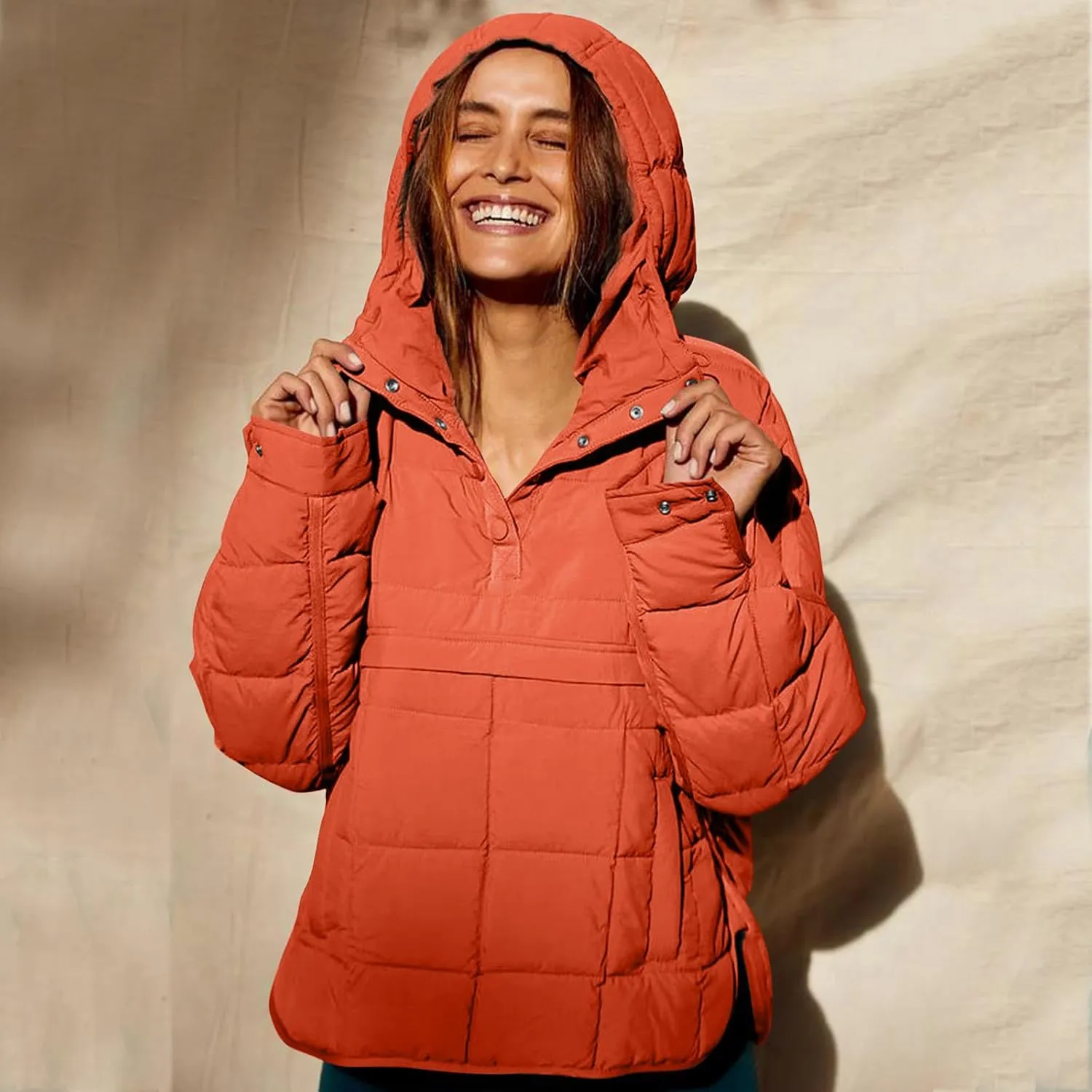 Women's Quilted Pullover Puffer Jackets Lightweight Button Outwear Winter Warm Oversized Packable Hooded Coat Tops