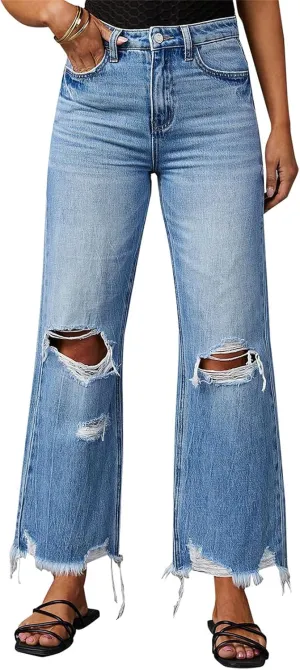 Women's Ripped Bell Bottom Jeans High Rise Distressed Raw Edge Hem Boyfriend Wide Leg Denim Pants