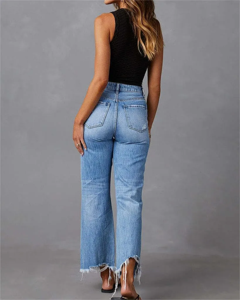 Women's Ripped Bell Bottom Jeans High Rise Distressed Raw Edge Hem Boyfriend Wide Leg Denim Pants