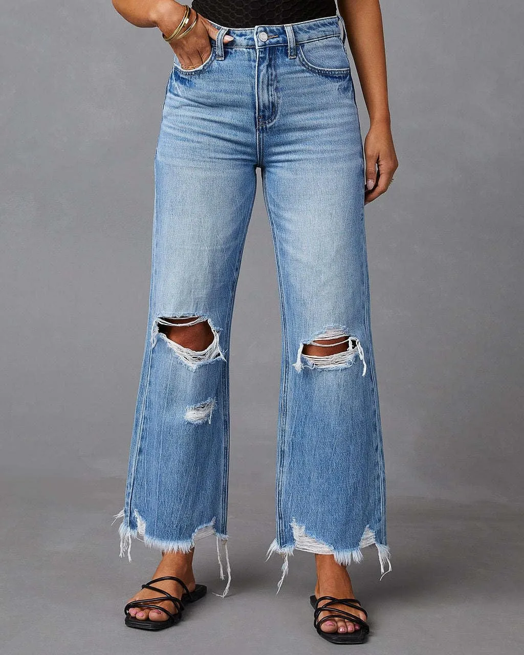 Women's Ripped Bell Bottom Jeans High Rise Distressed Raw Edge Hem Boyfriend Wide Leg Denim Pants
