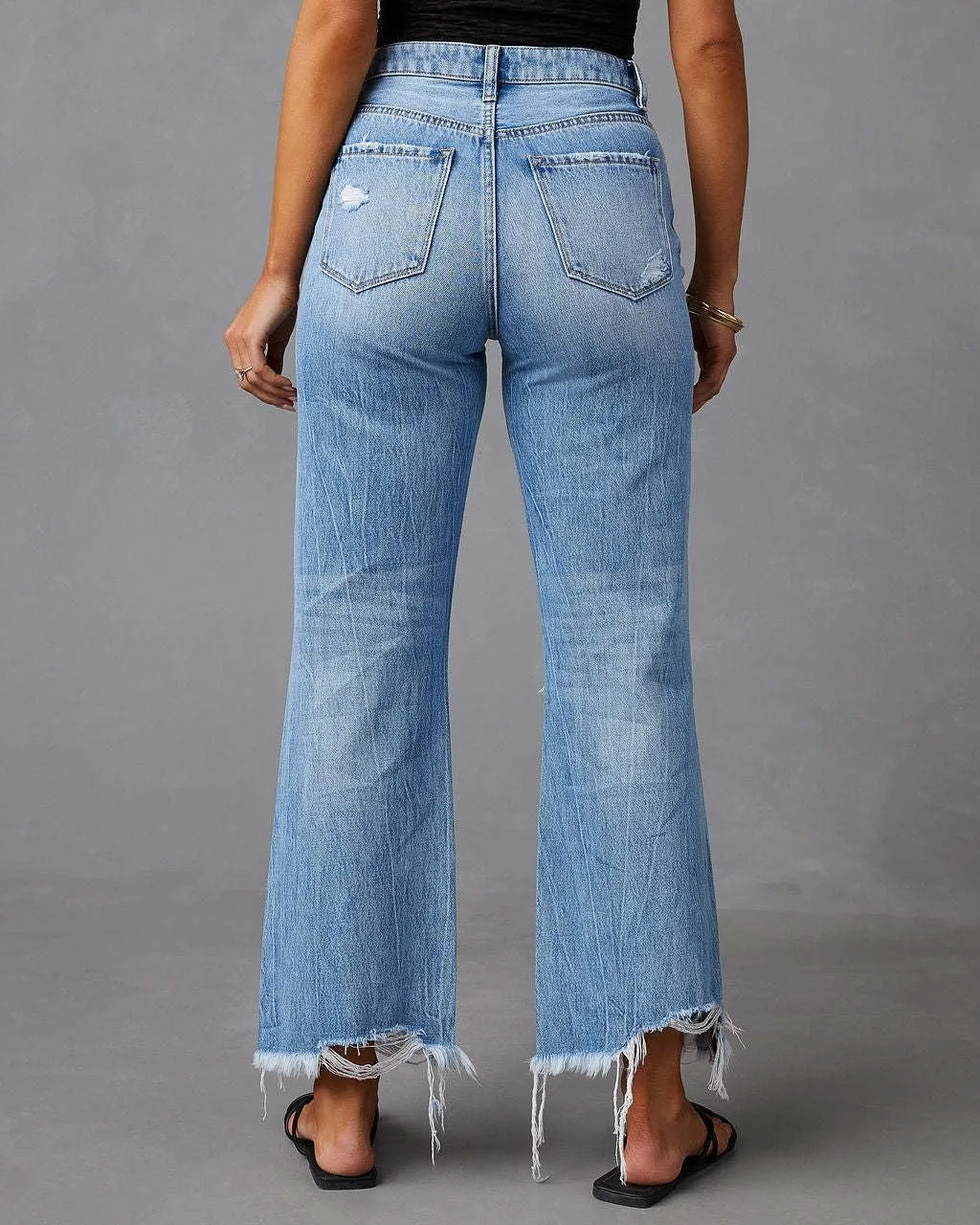Women's Ripped Bell Bottom Jeans High Rise Distressed Raw Edge Hem Boyfriend Wide Leg Denim Pants