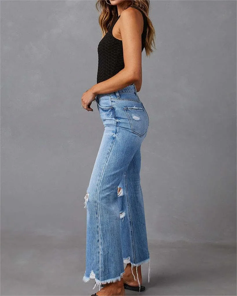 Women's Ripped Bell Bottom Jeans High Rise Distressed Raw Edge Hem Boyfriend Wide Leg Denim Pants