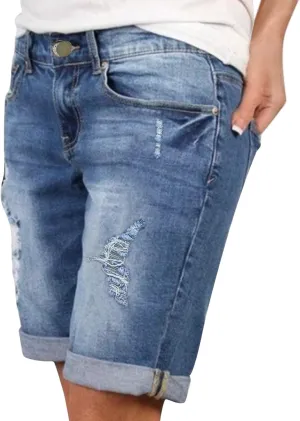 Women's Ripped High Waisted Jean Shorts Rolled Hem Casual Denim Shorts Vintage Stretchy Short Jeans Golf Biker Shorts
