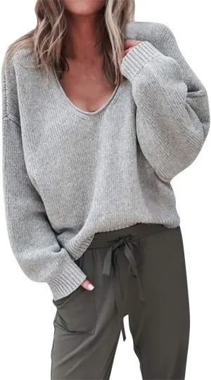 Women's Sweaters Fall Winter Casual Trendy Long Sleeve V-Neck Sexy Solid Knit Sweater, S-2XL