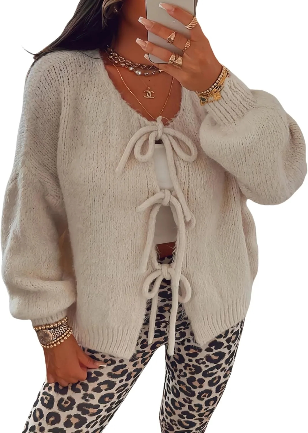 Womens V Neck Cardigan Sweater Bows Tie Open Front Chunky Knitwear Lightweight Coats