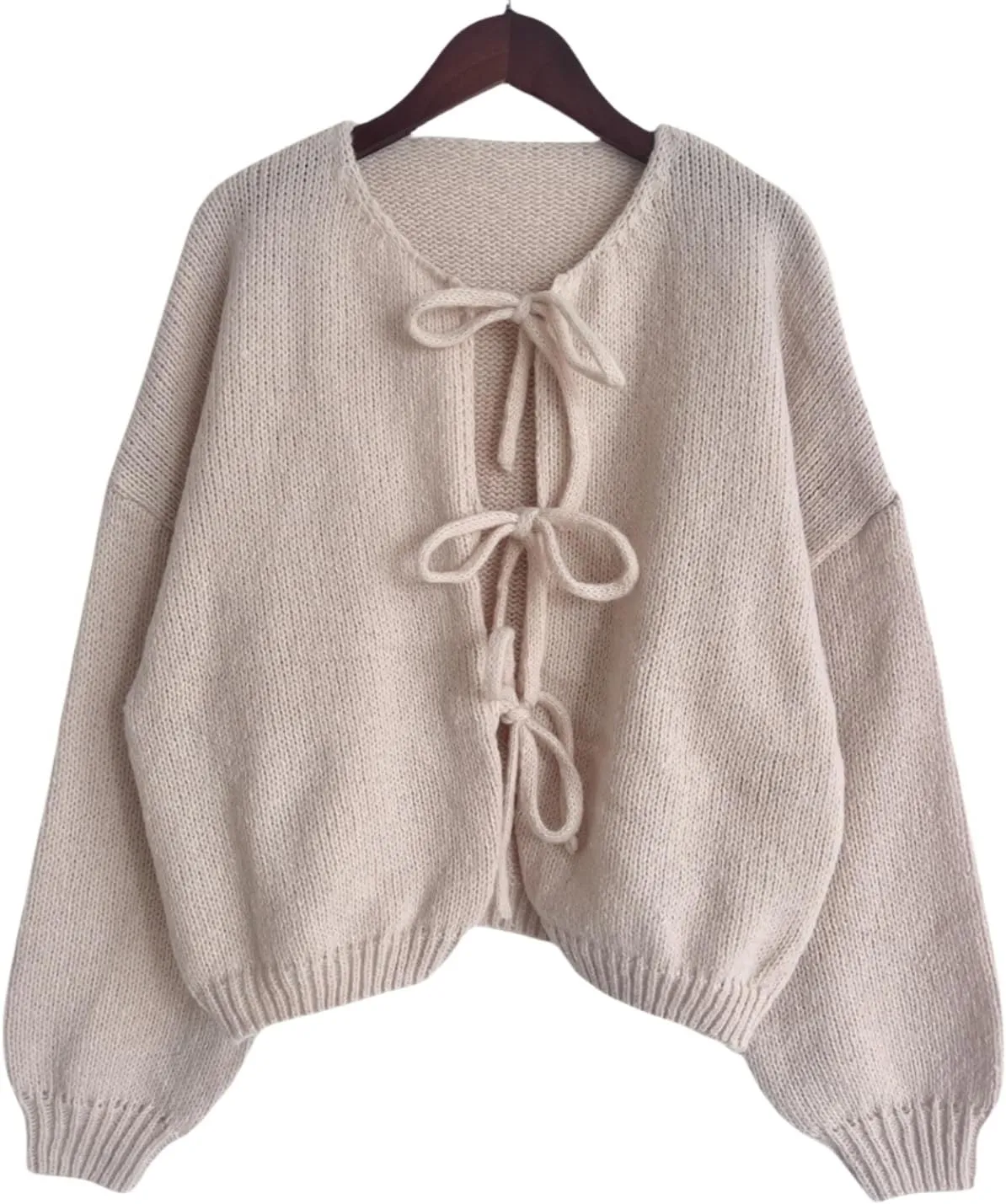 Womens V Neck Cardigan Sweater Bows Tie Open Front Chunky Knitwear Lightweight Coats