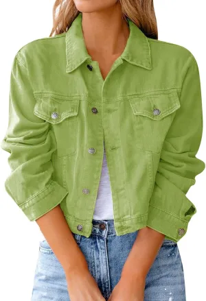 Womens Vintage Cropped Denim Jackets Long Sleeve Button Down Casual Slim Fitted Distressed Jean Jackets Outerwear