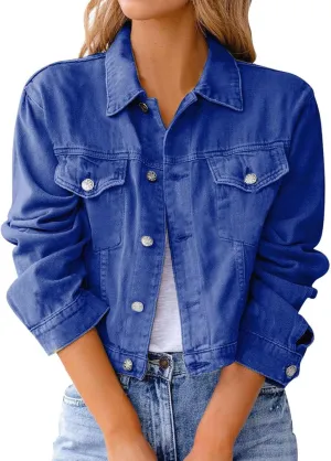 Womens Vintage Cropped Denim Jackets Long Sleeve Button Down Casual Slim Fitted Distressed Jean Jackets Outerwear