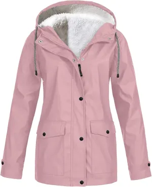Womens Windbreaker Jackets Fleece Lined Climbing Raincoats Waterproof Lightweight Outdoor Hooded Trench Coats