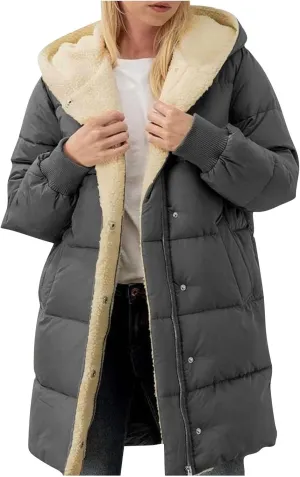 Womens Winter Coats, Casual Warm Down Jacket Fashion Zip Up Hooded Parka Long Fleece Lined Outerwear with Pocket