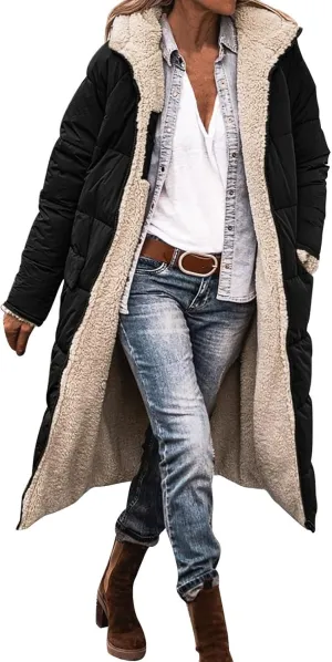 Womens Winter Long Puffer Jacket Casual Full Zip Fleece Lined Down Coat Reversible Teddy Overcoat 2024 Fashion Outfits