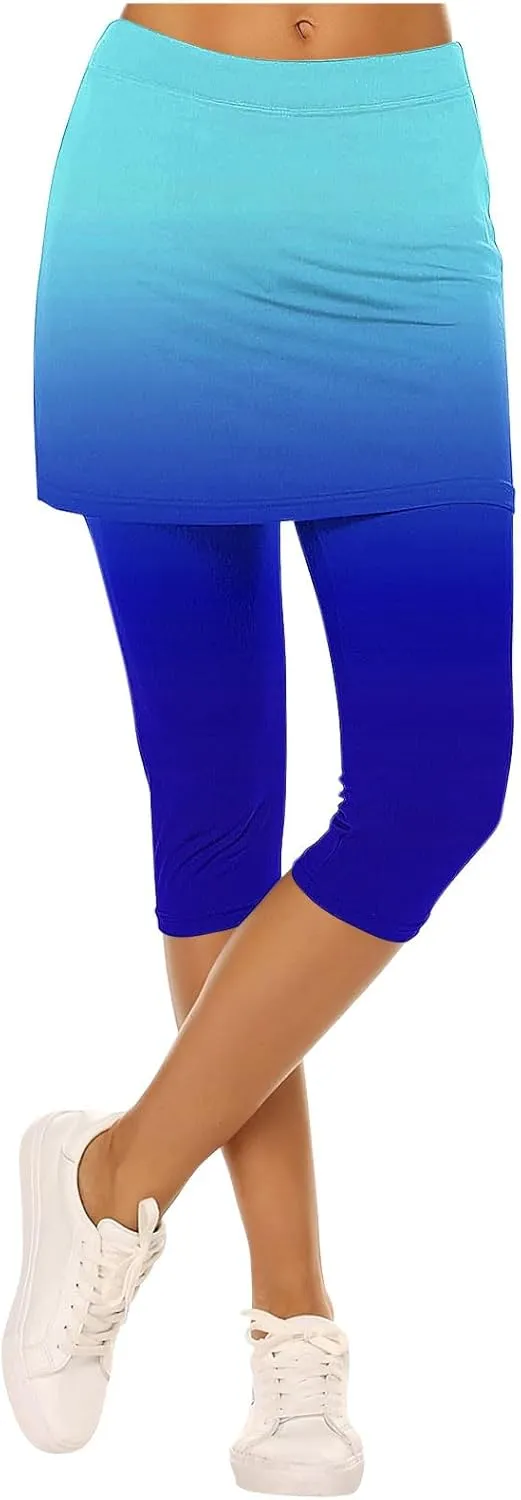 Womens Yoga Skorts Summer Fashion Gradient Color Workout Skirt Built-in Capri Leggings High Rise Tummy Control Capris