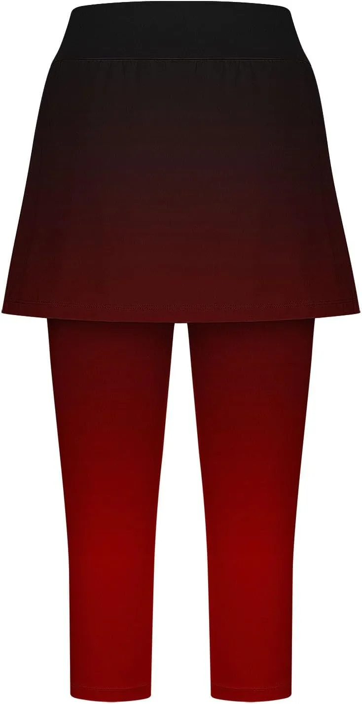 Womens Yoga Skorts Summer Fashion Gradient Color Workout Skirt Built-in Capri Leggings High Rise Tummy Control Capris