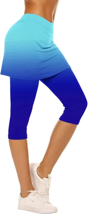 Womens Yoga Skorts Summer Fashion Gradient Color Workout Skirt Built-in Capri Leggings High Rise Tummy Control Capris