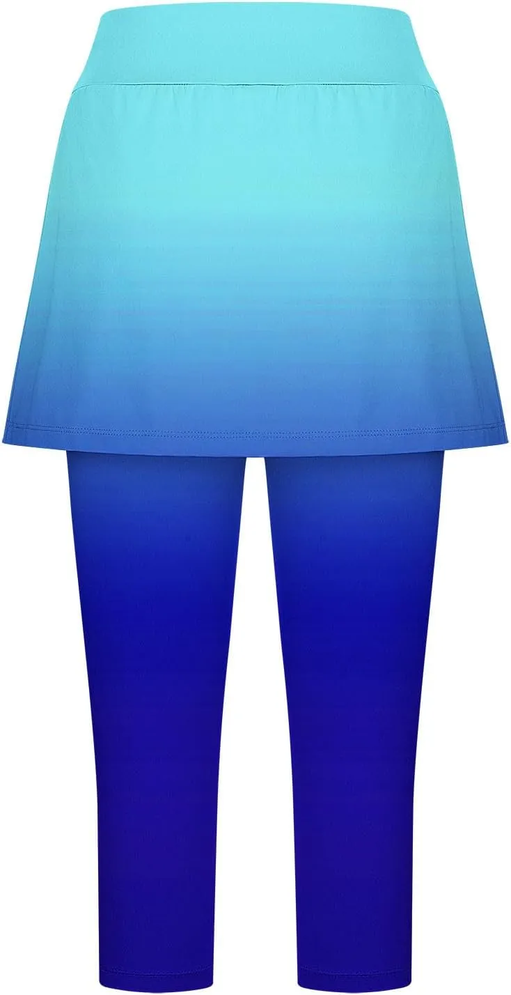 Womens Yoga Skorts Summer Fashion Gradient Color Workout Skirt Built-in Capri Leggings High Rise Tummy Control Capris