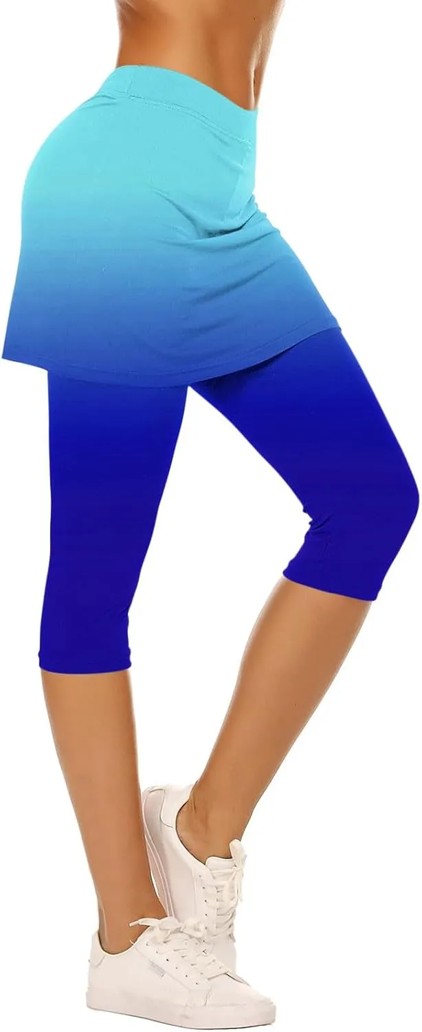 Womens Yoga Skorts Summer Fashion Gradient Color Workout Skirt Built-in Capri Leggings High Rise Tummy Control Capris