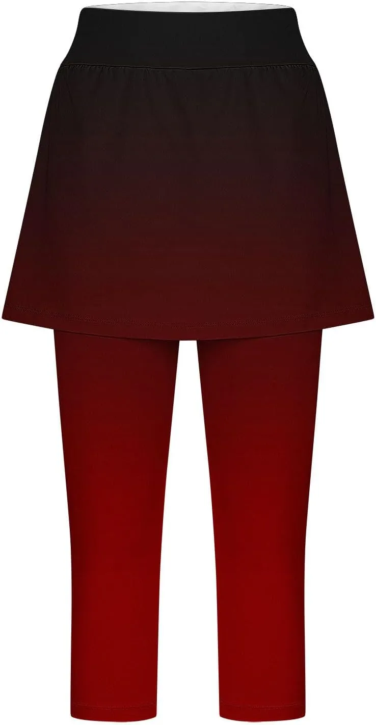 Womens Yoga Skorts Summer Fashion Gradient Color Workout Skirt Built-in Capri Leggings High Rise Tummy Control Capris