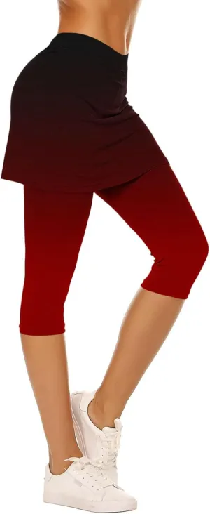 Womens Yoga Skorts Summer Fashion Gradient Color Workout Skirt Built-in Capri Leggings High Rise Tummy Control Capris