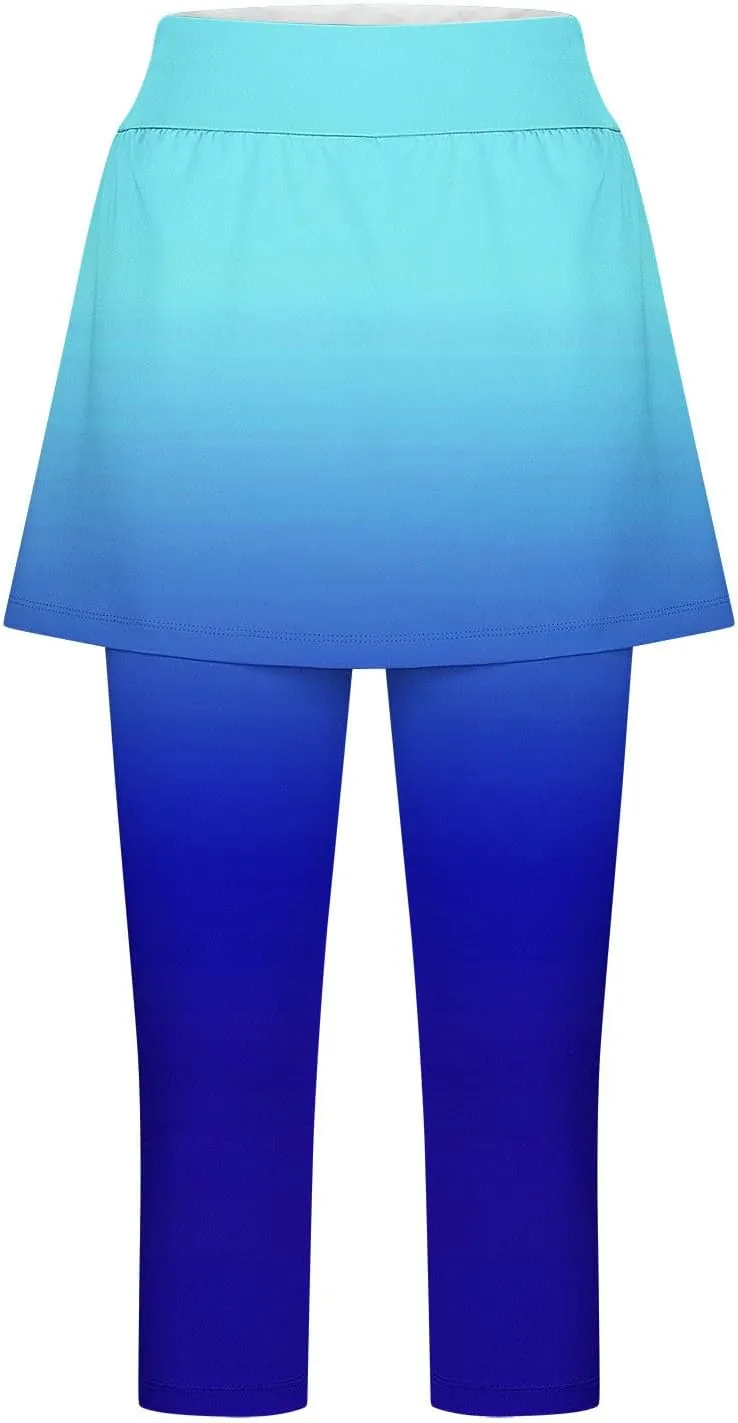 Womens Yoga Skorts Summer Fashion Gradient Color Workout Skirt Built-in Capri Leggings High Rise Tummy Control Capris