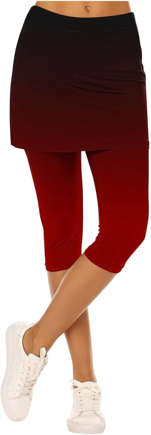 Womens Yoga Skorts Summer Fashion Gradient Color Workout Skirt Built-in Capri Leggings High Rise Tummy Control Capris