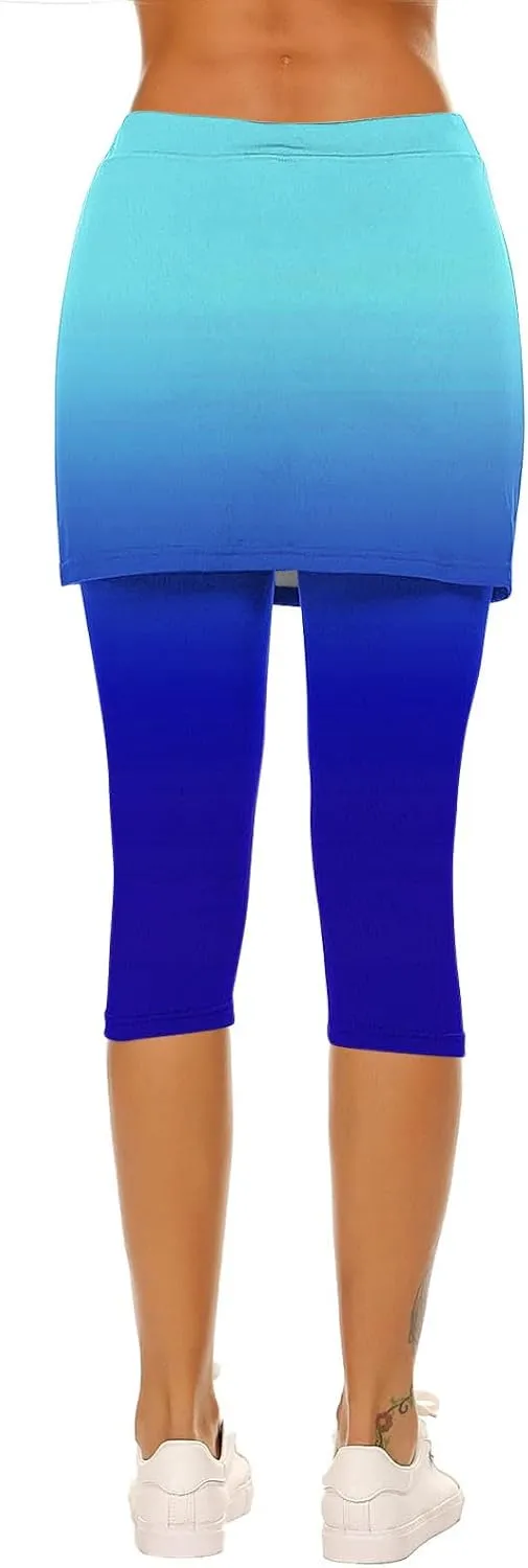 Womens Yoga Skorts Summer Fashion Gradient Color Workout Skirt Built-in Capri Leggings High Rise Tummy Control Capris