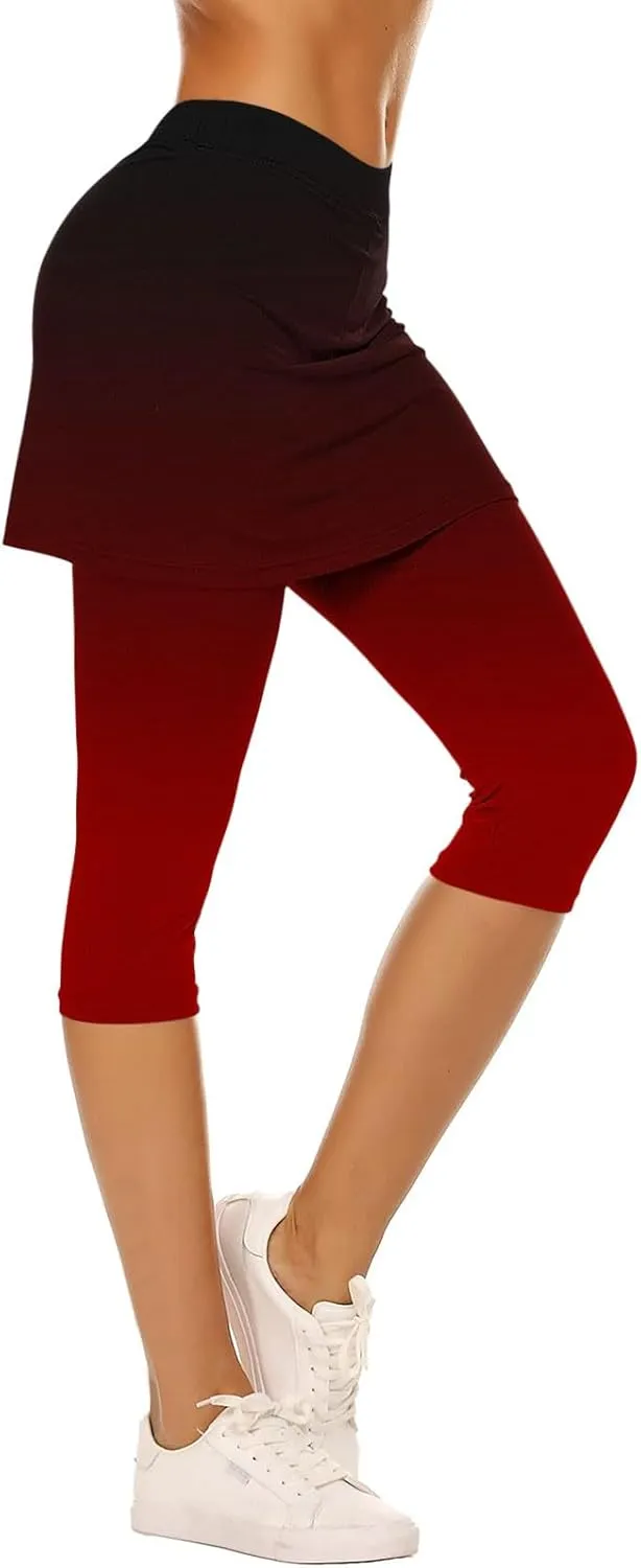 Womens Yoga Skorts Summer Fashion Gradient Color Workout Skirt Built-in Capri Leggings High Rise Tummy Control Capris