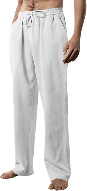 Work Pants for Men Lightweight Soft Cotton Linen Pants 2025 Summer Casual Elastic Waist Lounge Pants with Pockets