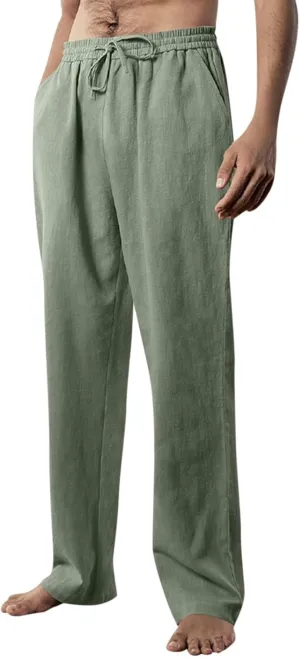 Work Pants for Men Lightweight Soft Cotton Linen Pants 2025 Summer Casual Elastic Waist Lounge Pants with Pockets