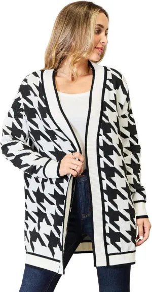 Woven Right Houndstooth Open Front Longline Cardigan