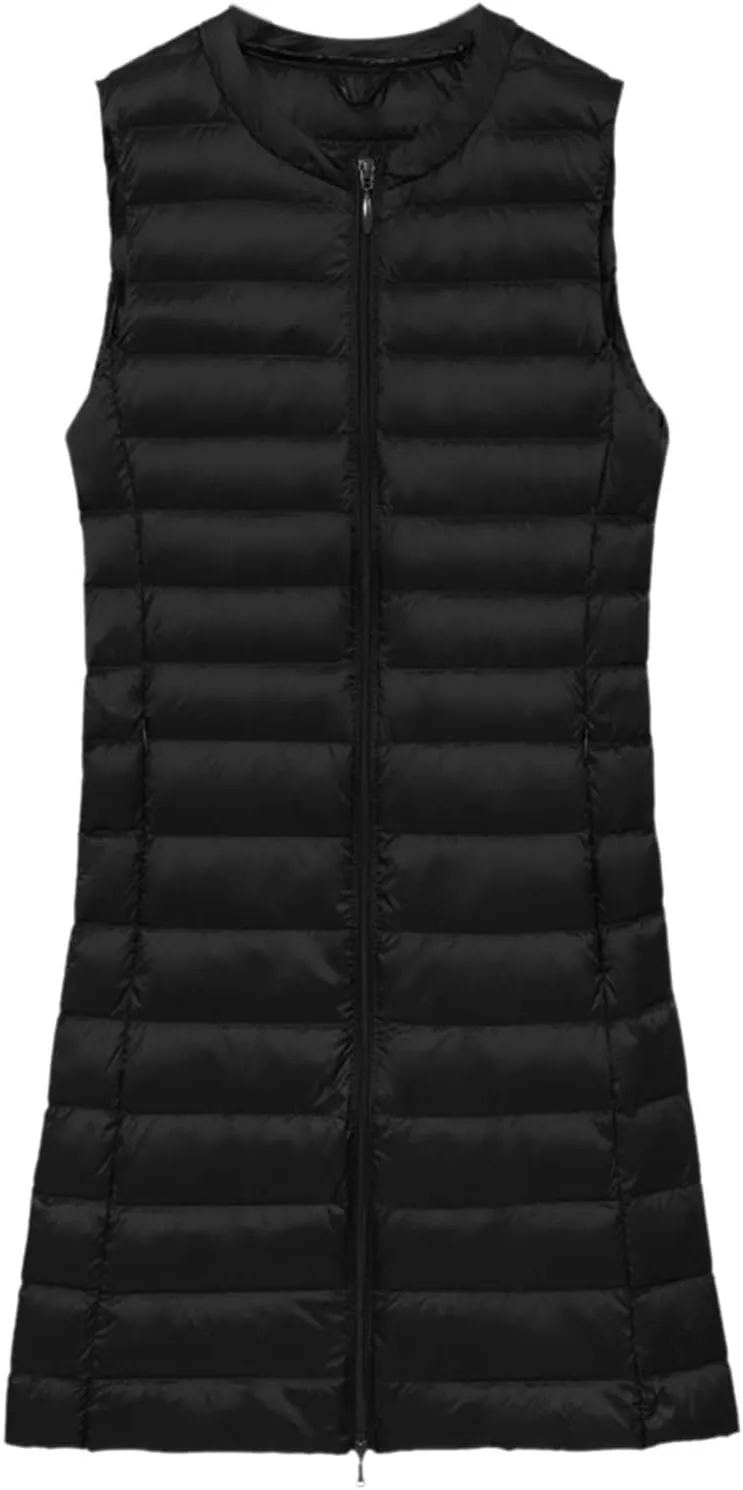 XUNRYAN Puffer Jackets Womens Packable Vests Winter Warm Down Coat Long Jackets Sleeveless Gilet Outdoor Parka Outerwear