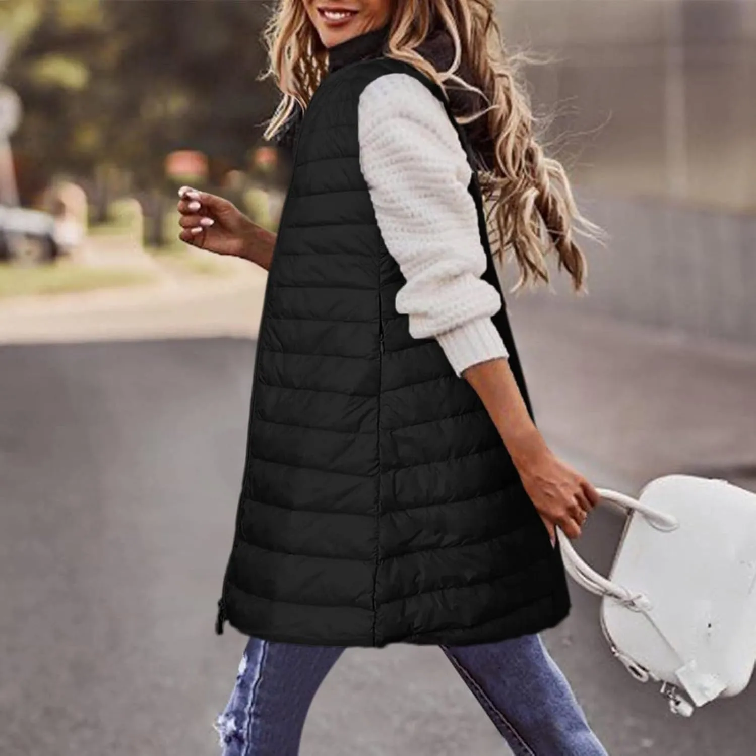 XUNRYAN Puffer Jackets Womens Packable Vests Winter Warm Down Coat Long Jackets Sleeveless Gilet Outdoor Parka Outerwear