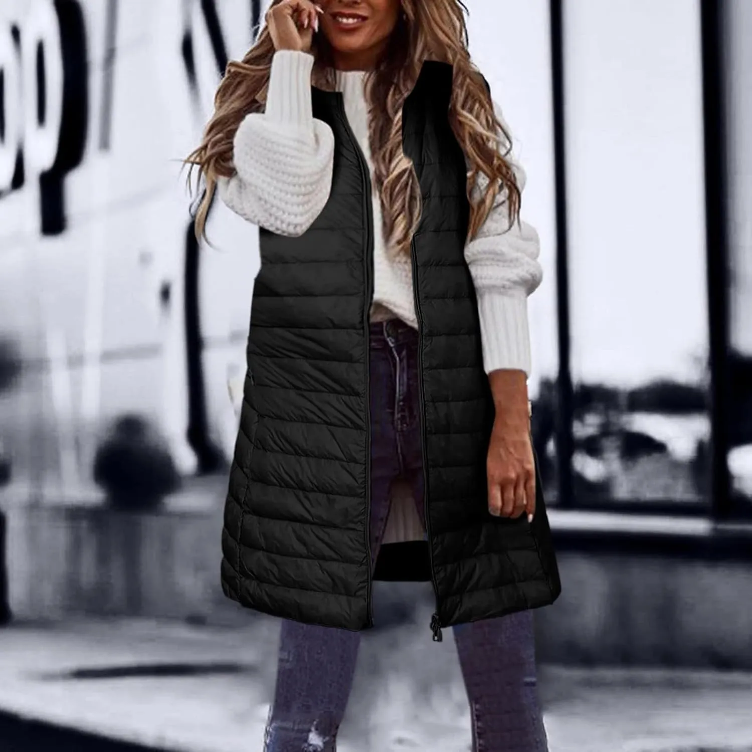 XUNRYAN Puffer Jackets Womens Packable Vests Winter Warm Down Coat Long Jackets Sleeveless Gilet Outdoor Parka Outerwear