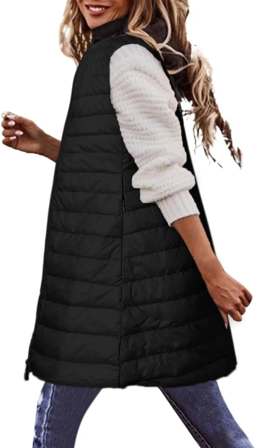 XUNRYAN Puffer Jackets Womens Packable Vests Winter Warm Down Coat Long Jackets Sleeveless Gilet Outdoor Parka Outerwear