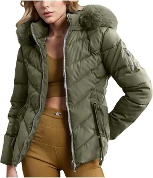 XUNRYAN Womens Puffer Jackets Winter Warm Down Coat Removable Faux-Fur Hooded Anorak Quilted Jackets Short Parka Outerwear