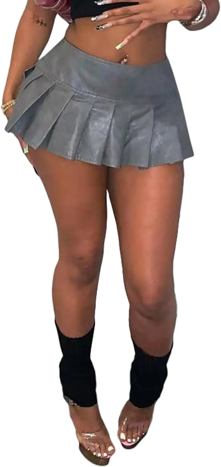 XZLUFNY Women's Short Mini Pleated Skirts High Rise PU Leather Tennis Skater Skirt
