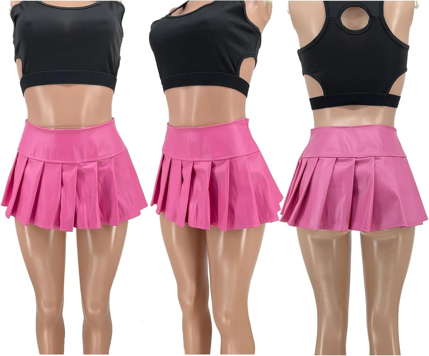 XZLUFNY Women's Short Mini Pleated Skirts High Rise PU Leather Tennis Skater Skirt