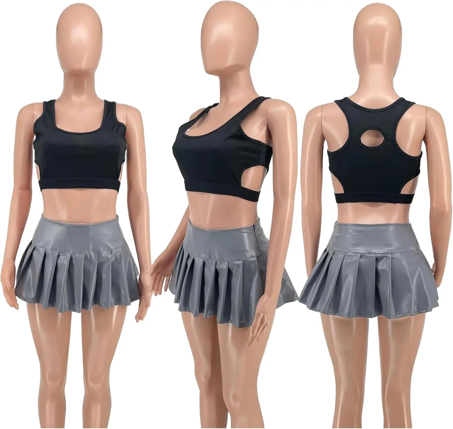 XZLUFNY Women's Short Mini Pleated Skirts High Rise PU Leather Tennis Skater Skirt