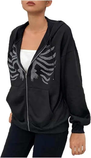 Y2K Hoodies for Women Full Zip Up Print Graphic Oversized Pockets Hooded Jacket 90s Long Sleeve Sweatshirt Coat Goth Dark